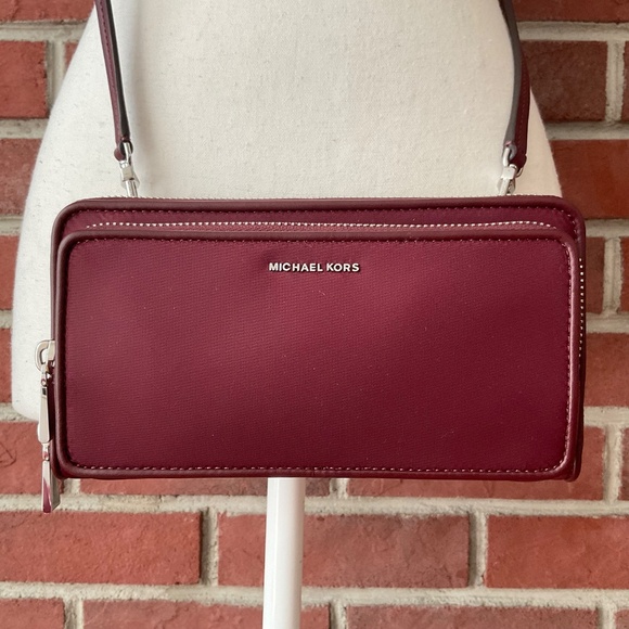 Michael Kors Handbags - Michael Kors Burgundy Nylon & Leather Crossbody Shoulder Bag Clutch Wal…